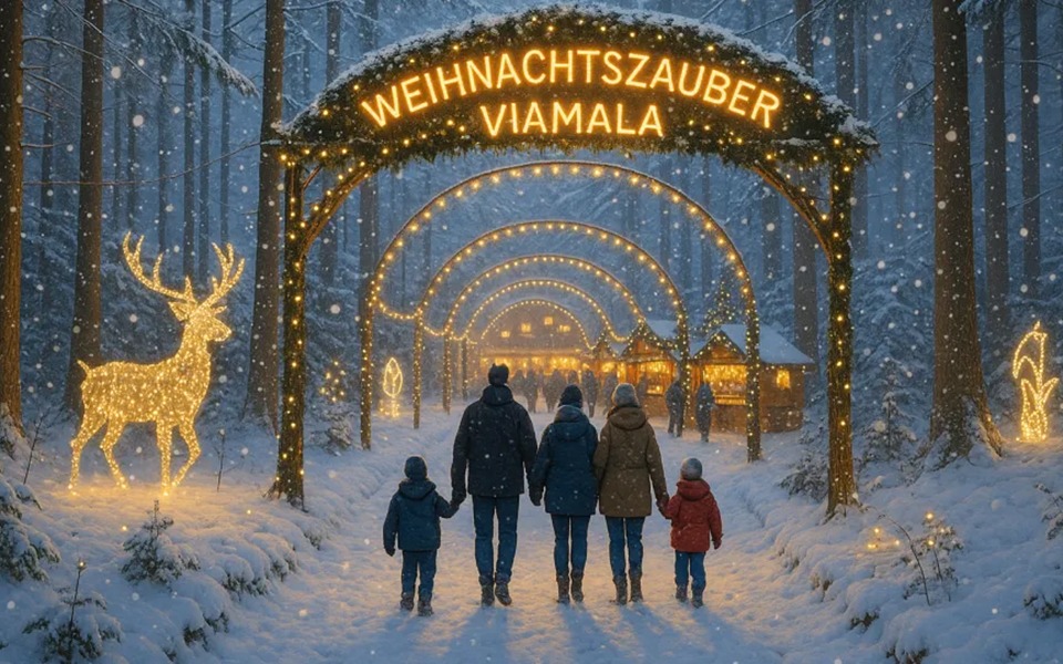 Una famiglia passeggia sotto un arco in un mercatino di Natale innevato.